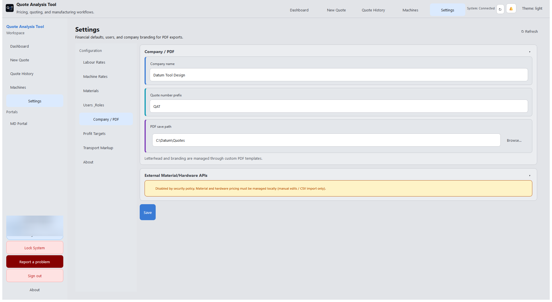 Company and PDF settings